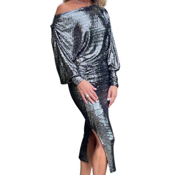 NEW DIXIE bianca studio sparkle boat neck dress in black - Picture 2 of 2